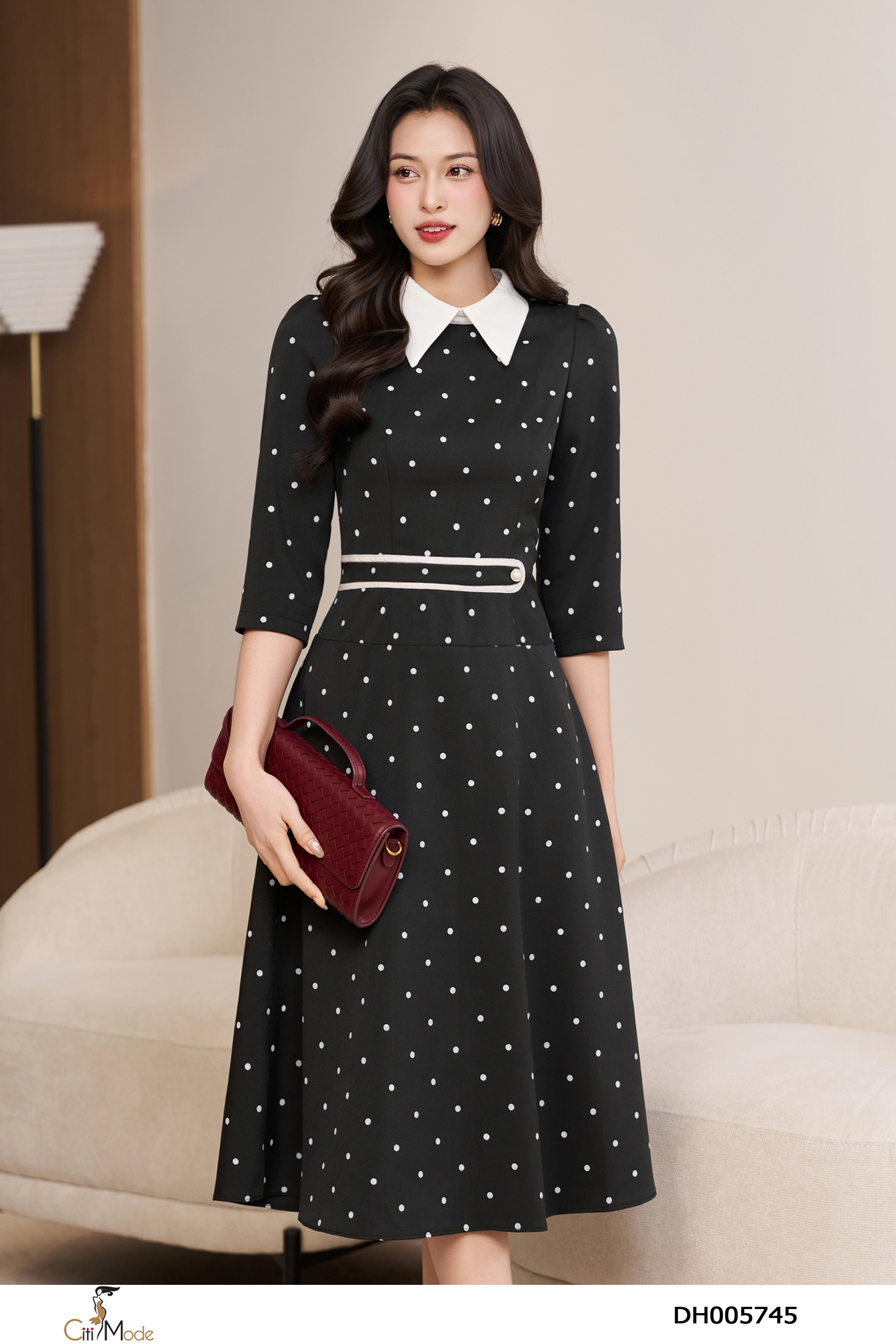 Đầm xòe chấm bi đen nẹp eo cổ phối trắng tay lỡ_thumbnail_2