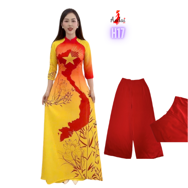 Bộ H17 Áo dài sao vàng bản đồ to cổ cao 2cm tay lỡ