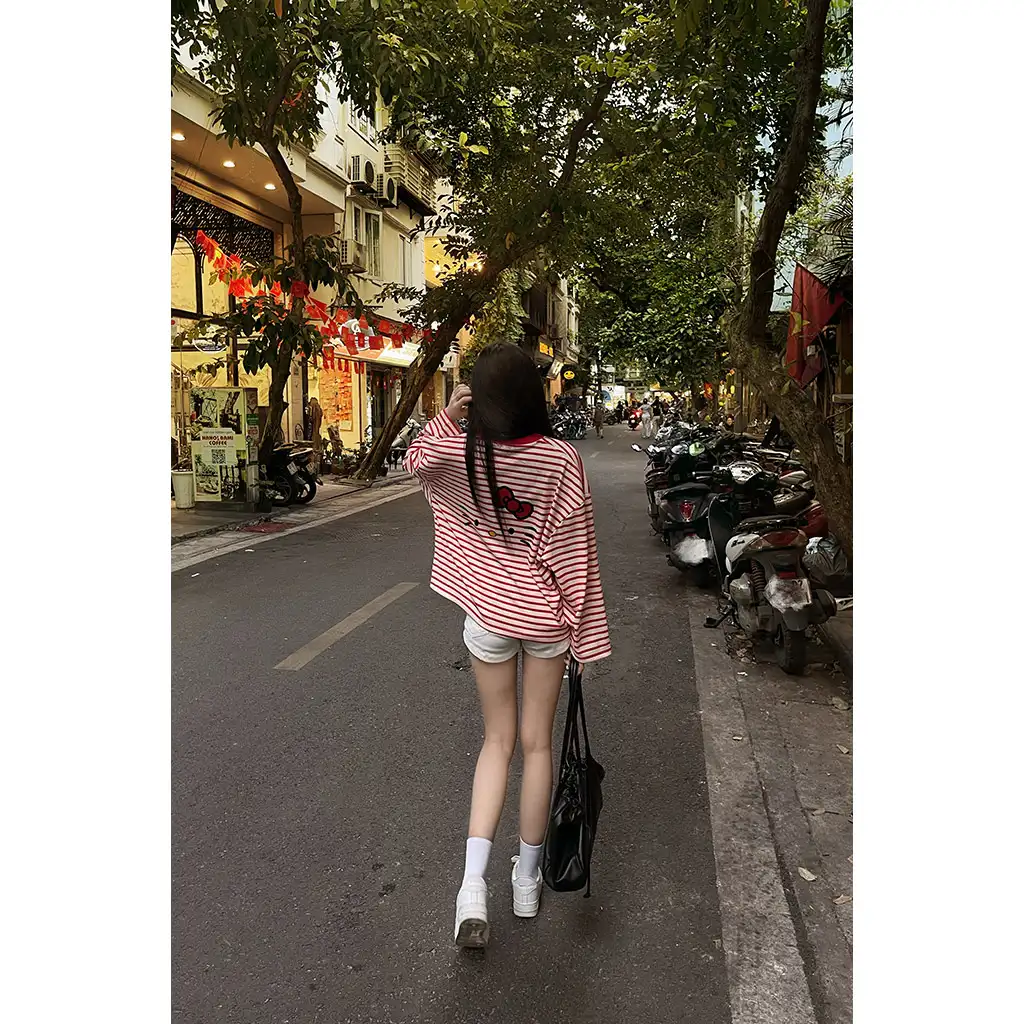 Áo thun boxy tay dài Miucho vải rib thoáng mát mềm mại co giãn tốt cổ tròn kẻ sọc kitty in mix 2691_thumbnail_5