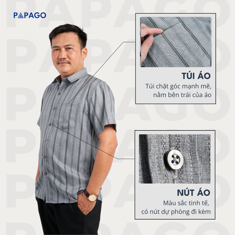 Áo sơ mi nam trung niên PAPAGO tay ngắn lai bầu vải xô đũi mềm mịn cao cấp kẻ sọc - P23SNKD001_thumbnail_3