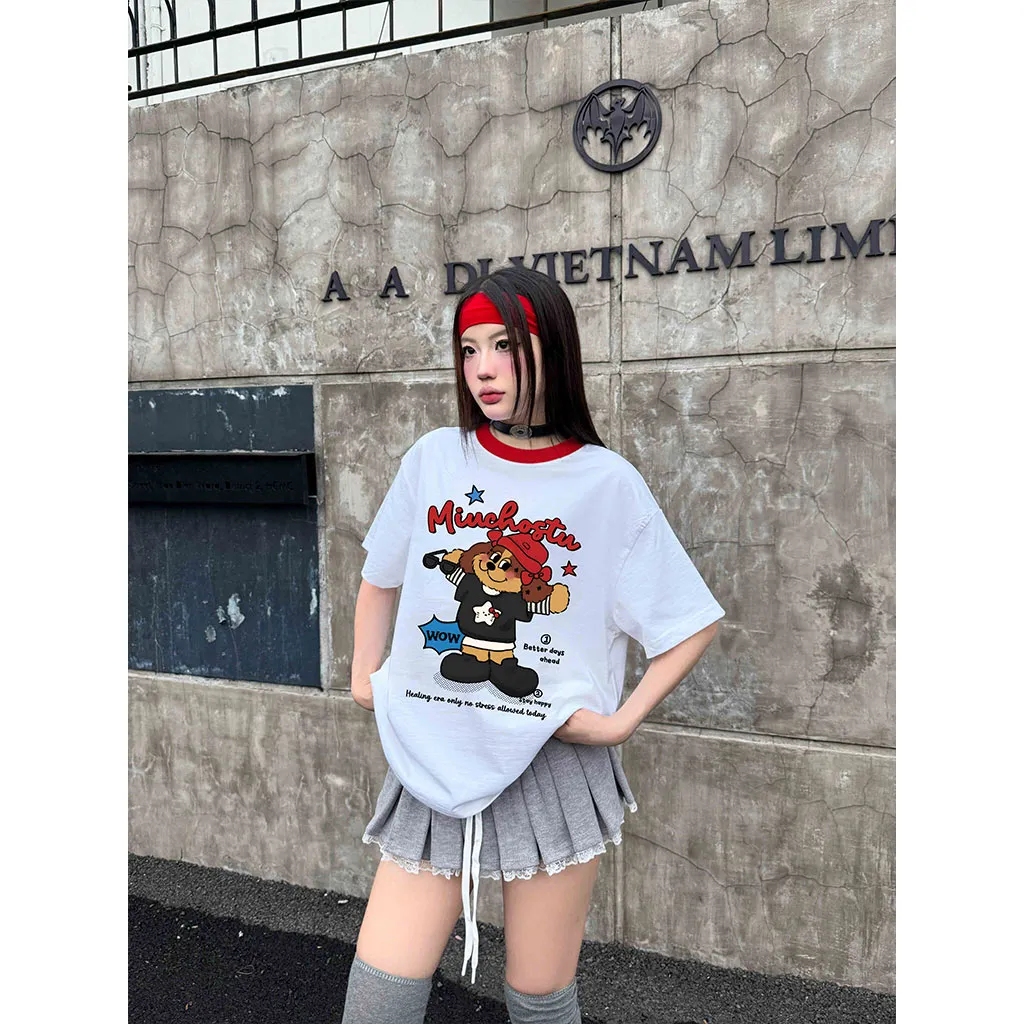 Áo thun boxy phối cổ hoạt hình Miucho vải dày dặn thoáng mát đứng form in mix 2973_thumbnail_3