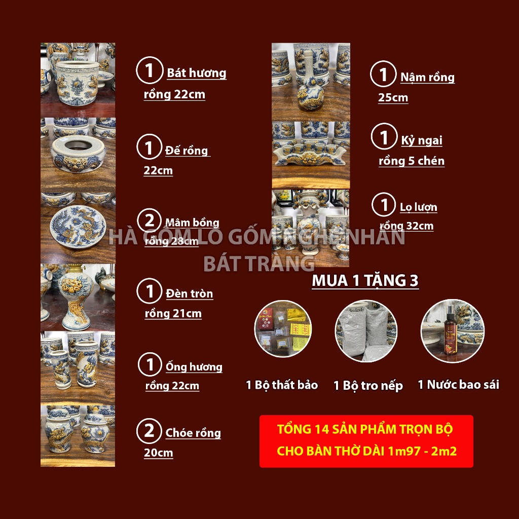 Bộ 14 Món Đồ Thờ Cúng Ban Thờ dài 1m97, 2m2 TẶNG Thất Bảo Tro Nếp Nước Thơm Men rạn Bát Tràng_thumbnail_1