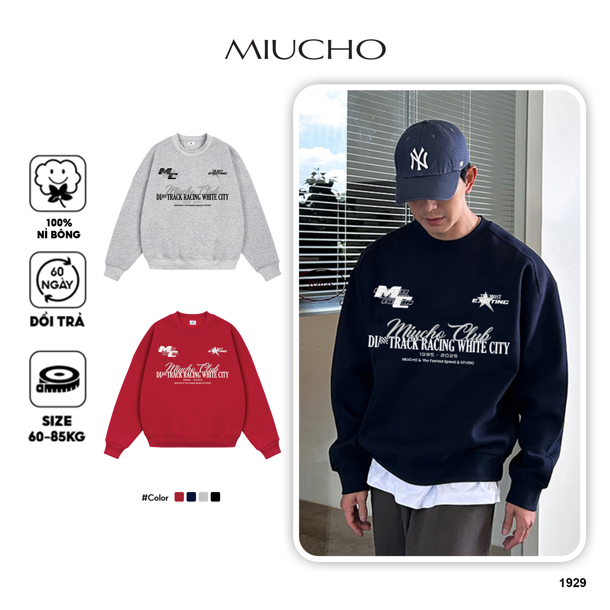 Áo sweater nam form boxy 1929 Miucho cổ tròn vải nỉ bông 350 GSM dày dặn in typography_thumbnail_1