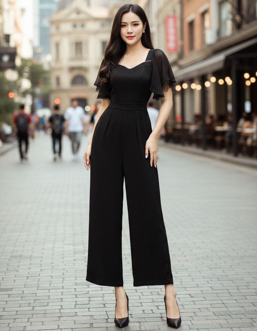Jumpsuit thiết kế tay cánh tiên phối đá