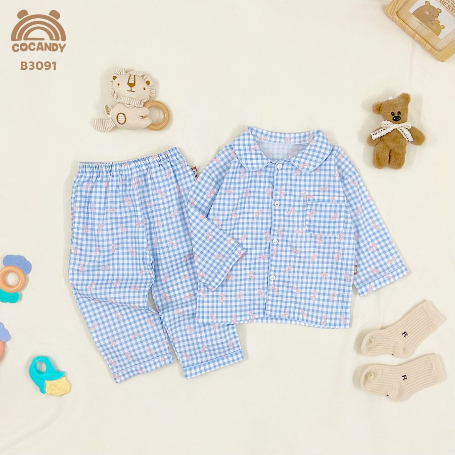 Bộ dài pijama caro XANH nơ HỒNG
