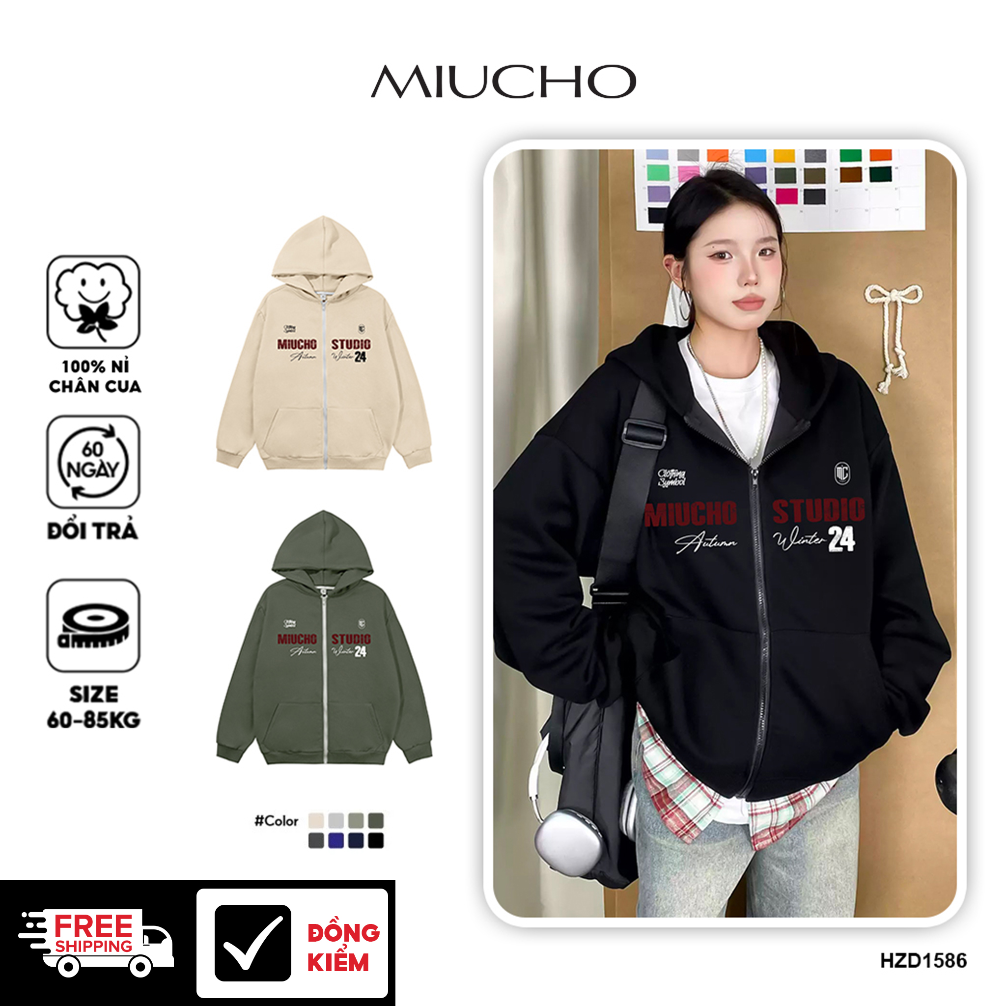 Áo hoodie zip nữ local brand HZD1586 Miucho vải nỉ chân cua dày dặn mủ rộng in typography