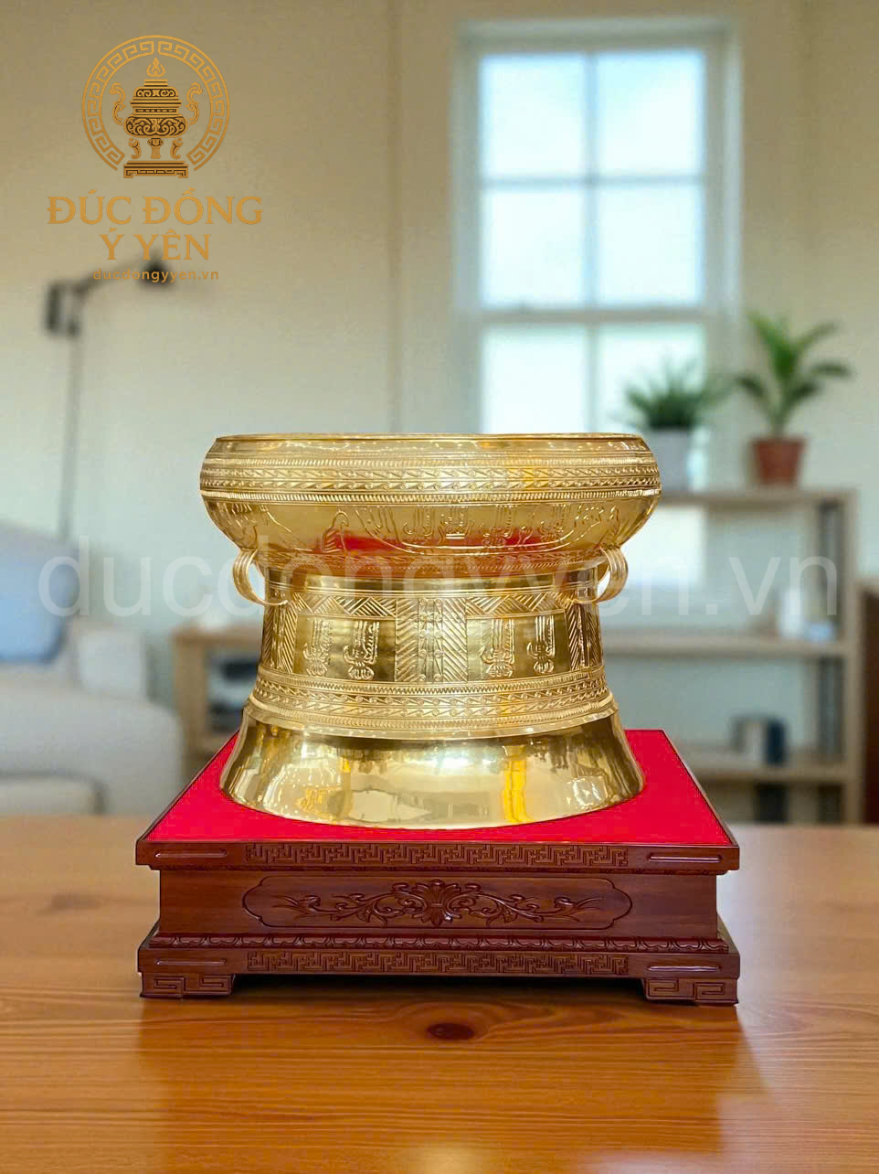 Quả trống đồng đúc đồng đỏ thiếp vàng 9999 cao cấp