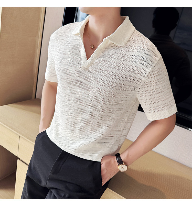 PA65 – Áo polo dệt kim rỗng cổ V phong cách Hàn Quốc
