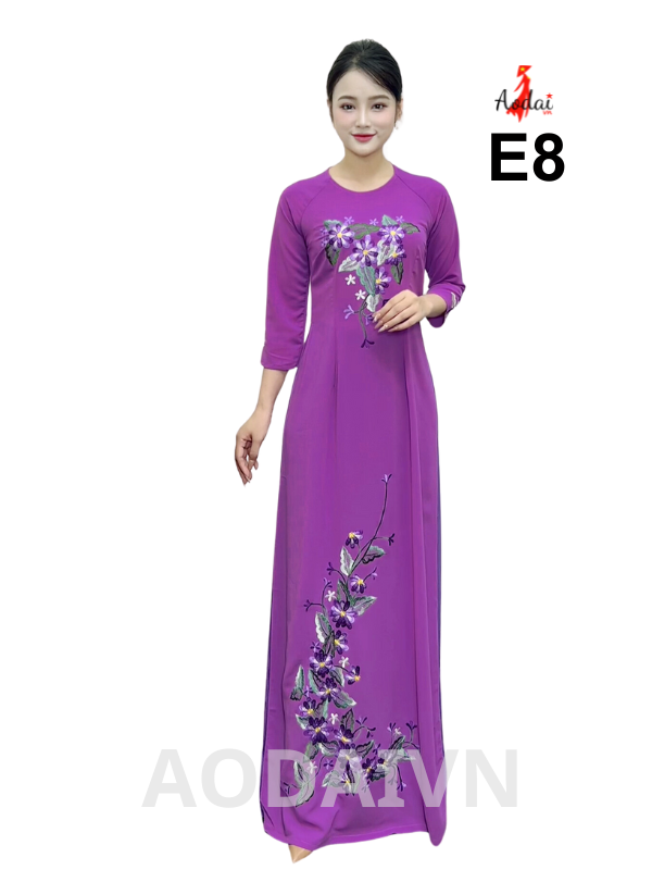 Áo dài thêu E8 lụa Tằm Ý màu tím cà cổ tròn tay lỡ thêu hoa tím