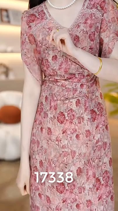 17338-Đầm voan hoa hồng  3D cách  điệu ( voan, lót)_thumbnail_0