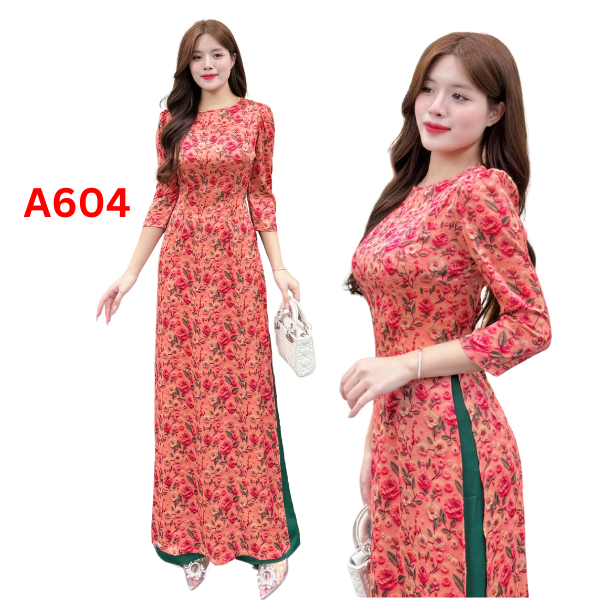 A604 Áo dài Lụa Pháp in Hoa Hồng toàn áo, thiết kế cổ tròn kít tay lỡ, tay bồng nhẹ