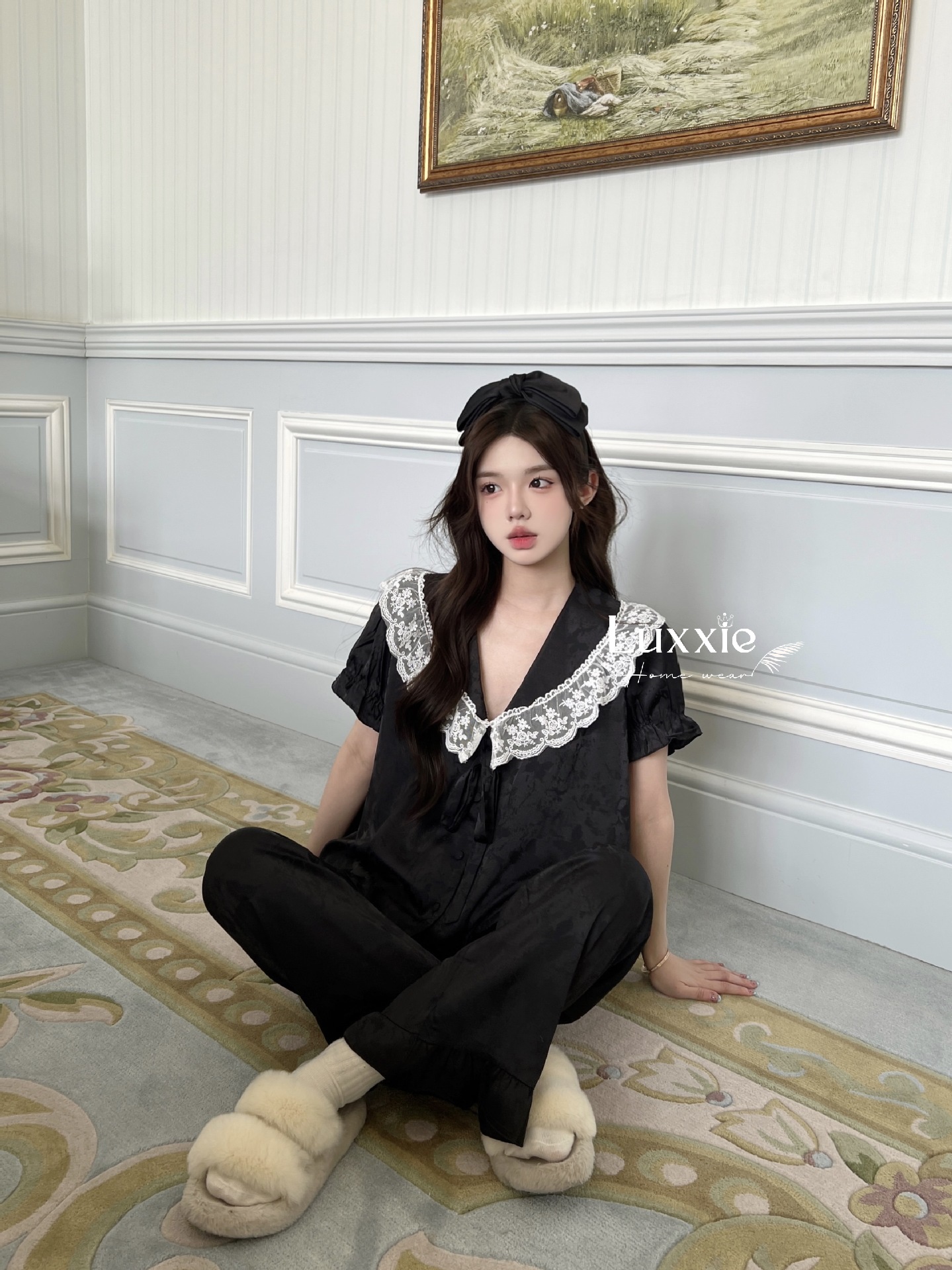 N108B Pijama lụa gấm hoa cổ ren trắng buộc nơ cộc tay_thumbnail_13