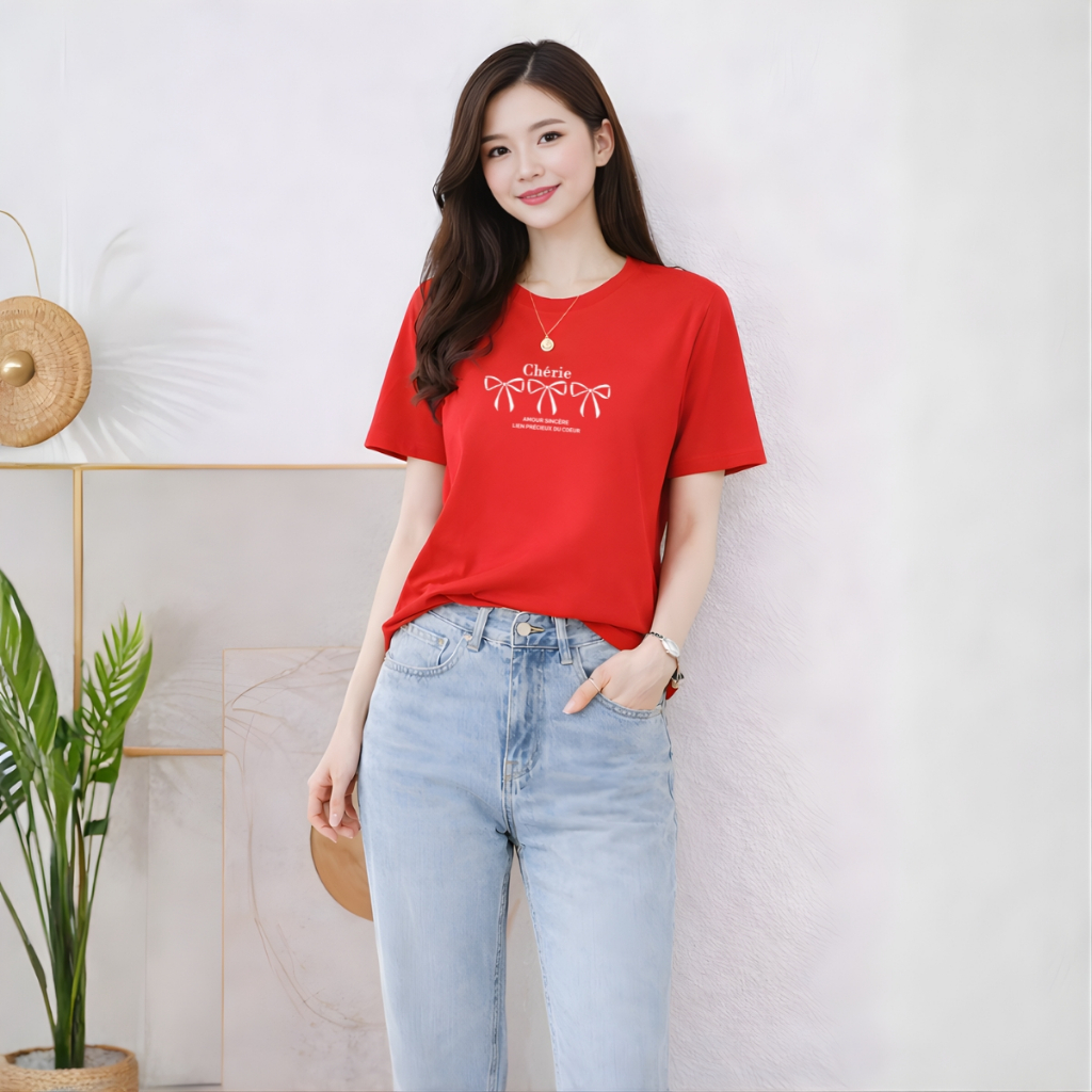 [Form rộng] Áo phông nữ dáng rộng hình nơ và chữ Chérie - Loza RT8453_thumbnail_5