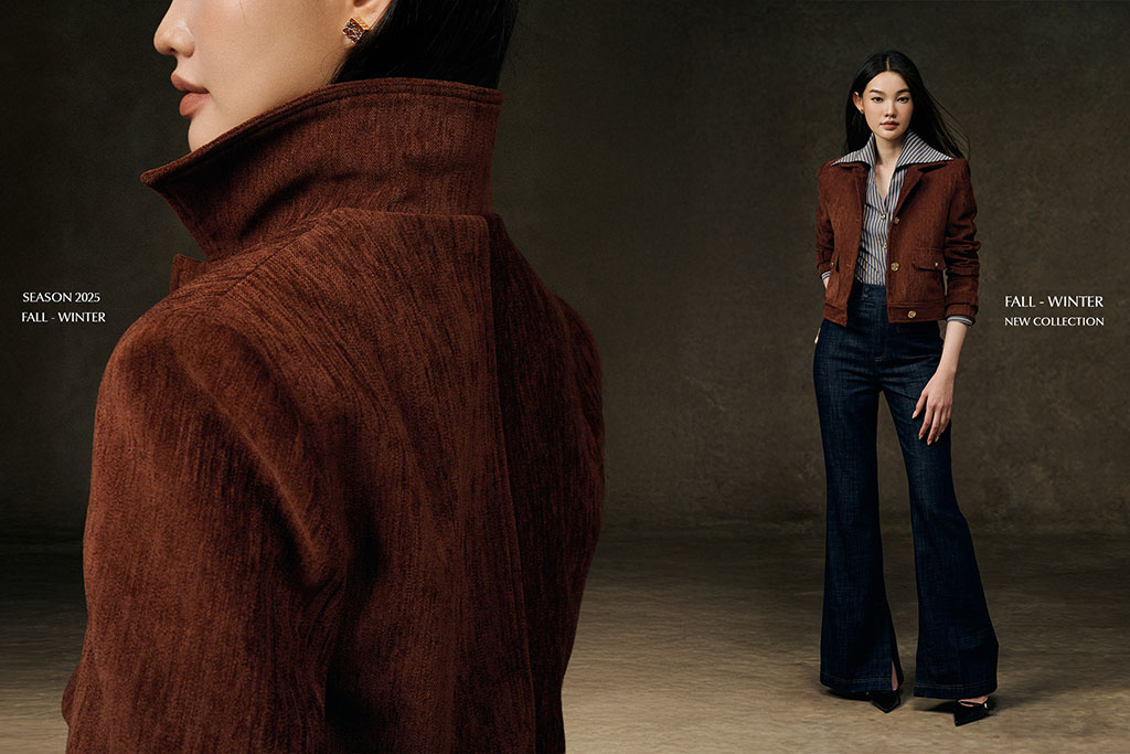 អាវខ្លីនេះ ធ្វើពីក្រណាត់កំរាលព្រំពណ៌ត្នោតក្រហមចាស់ ត្រូវបានរចនាឡើងដើម្បីបំពេញបន្ថែមសម្លៀកបំពាក់បានយ៉ាងងាយស្រួល។