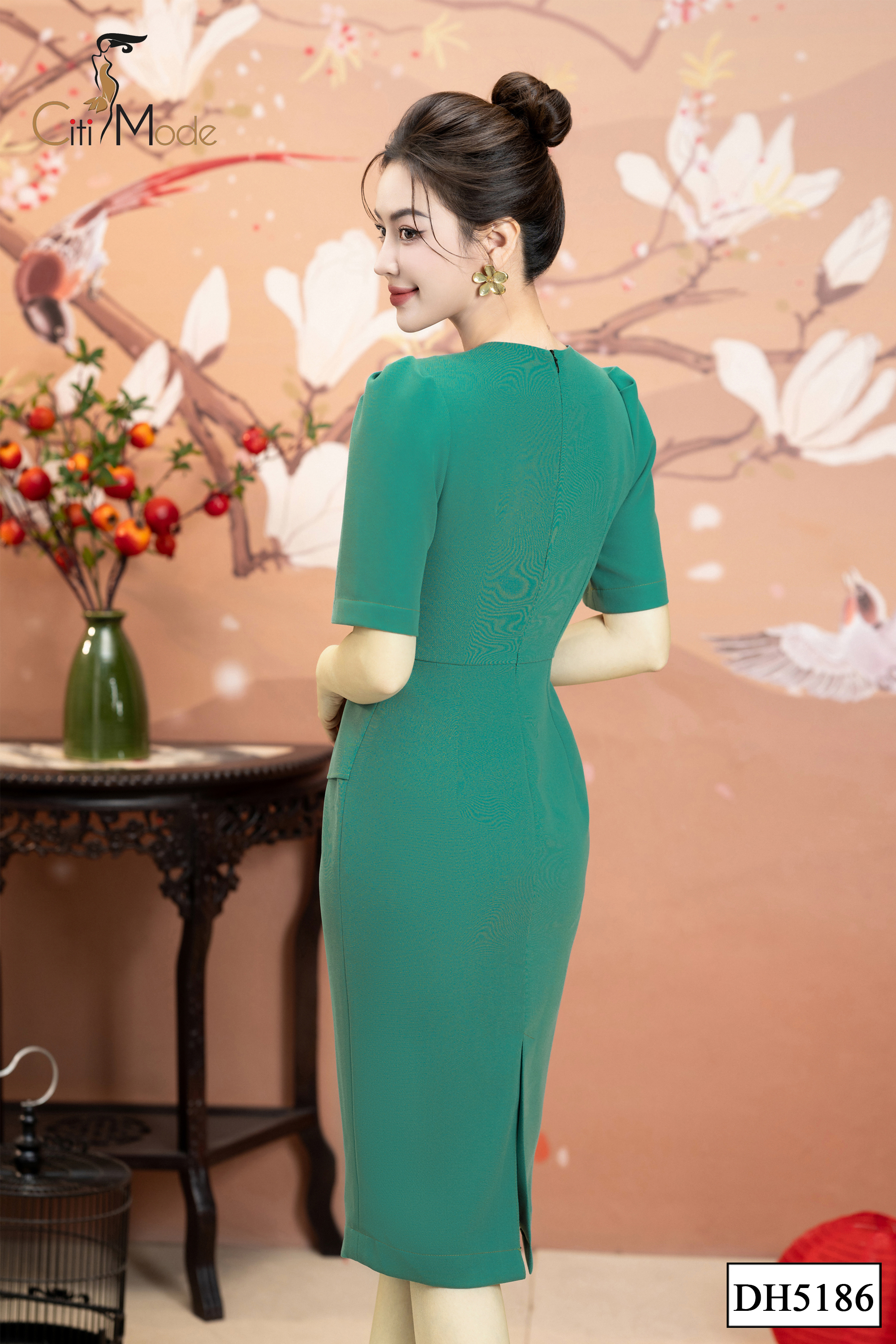 Đầm ôm peplum xanh đá cổ V kẻ đính hoa_thumbnail_1