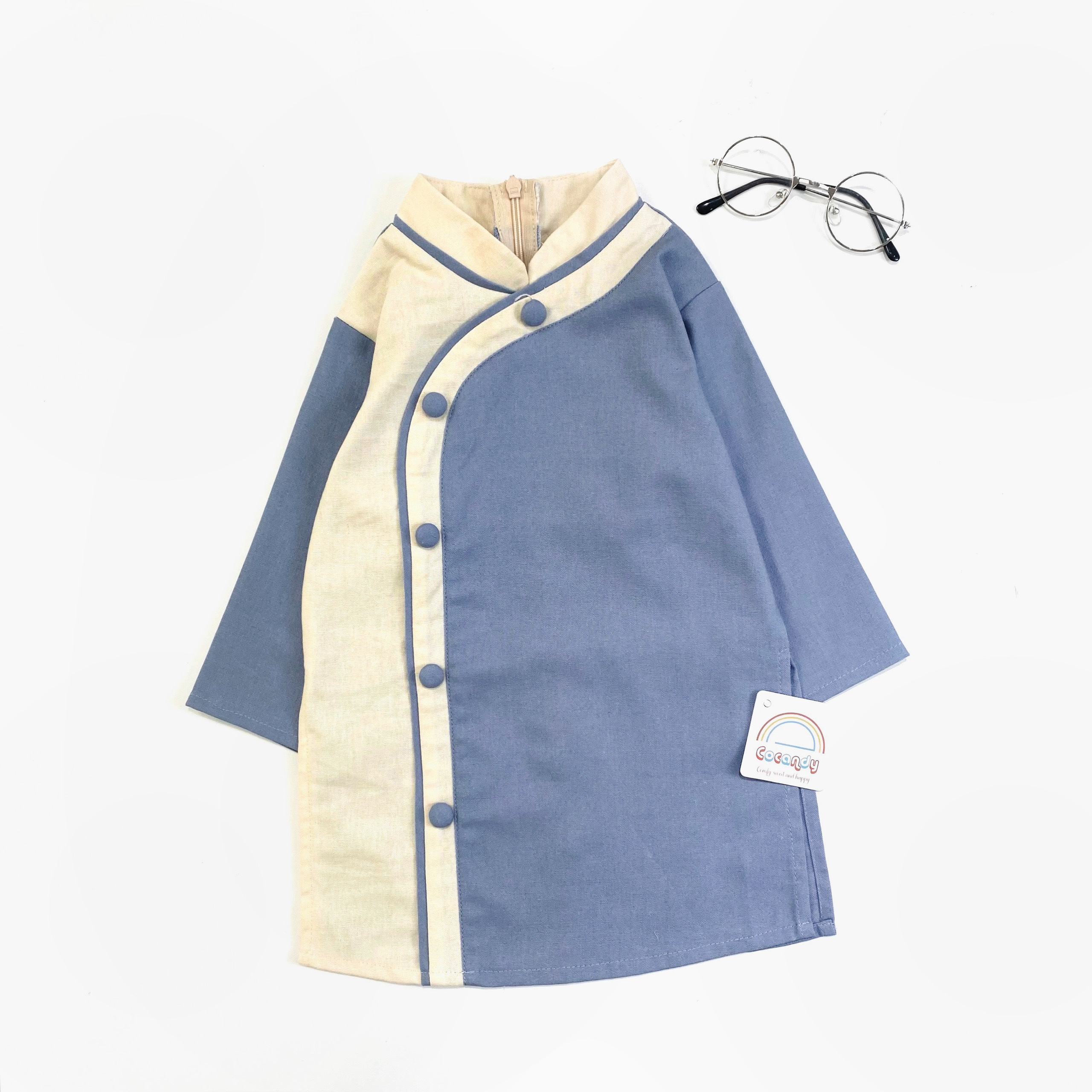 Áo dài linen XANH phối BE cúc chéo_thumbnail_0