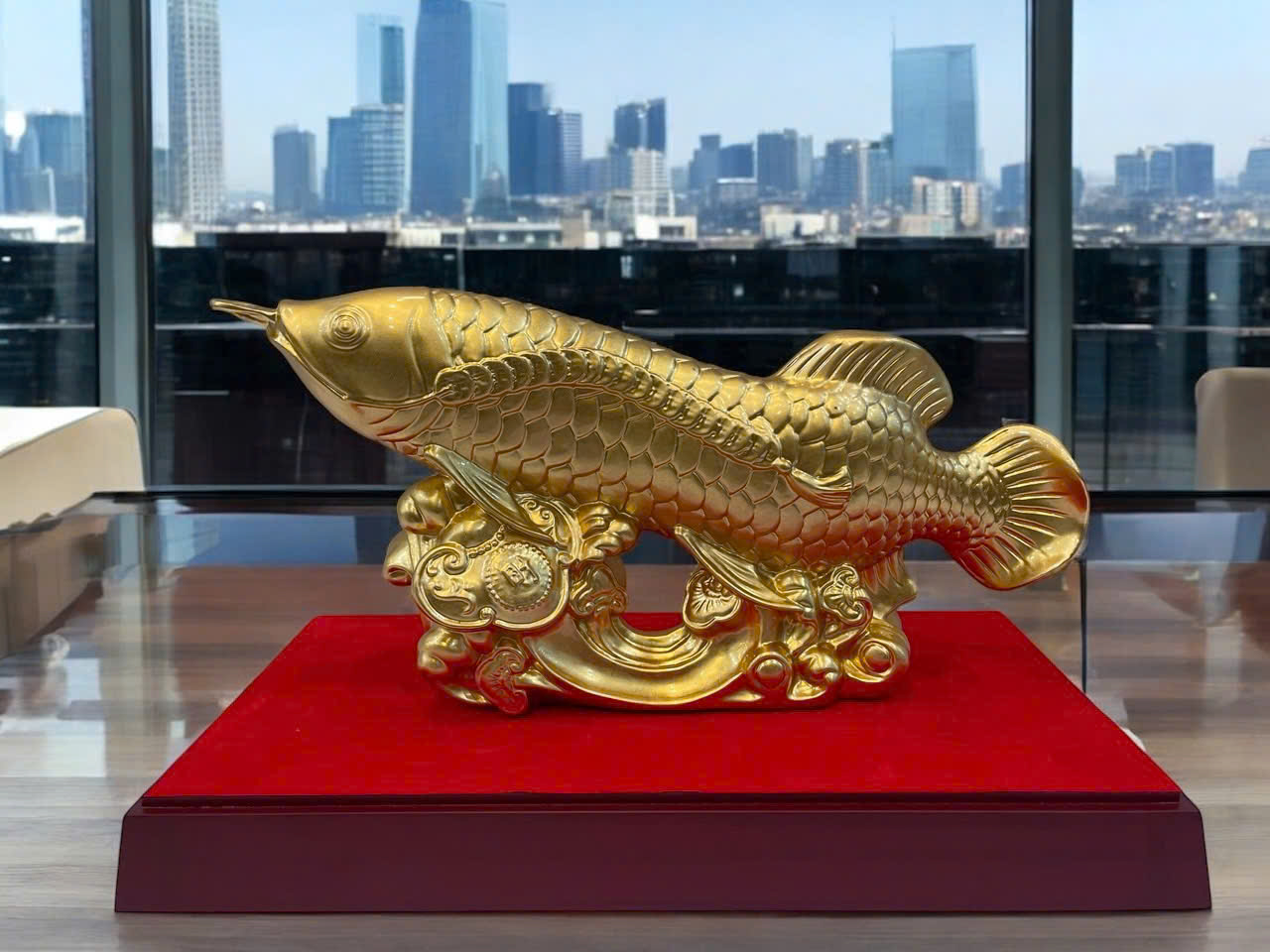 Tượng cá rồng bằng đồng dát vàng 9999