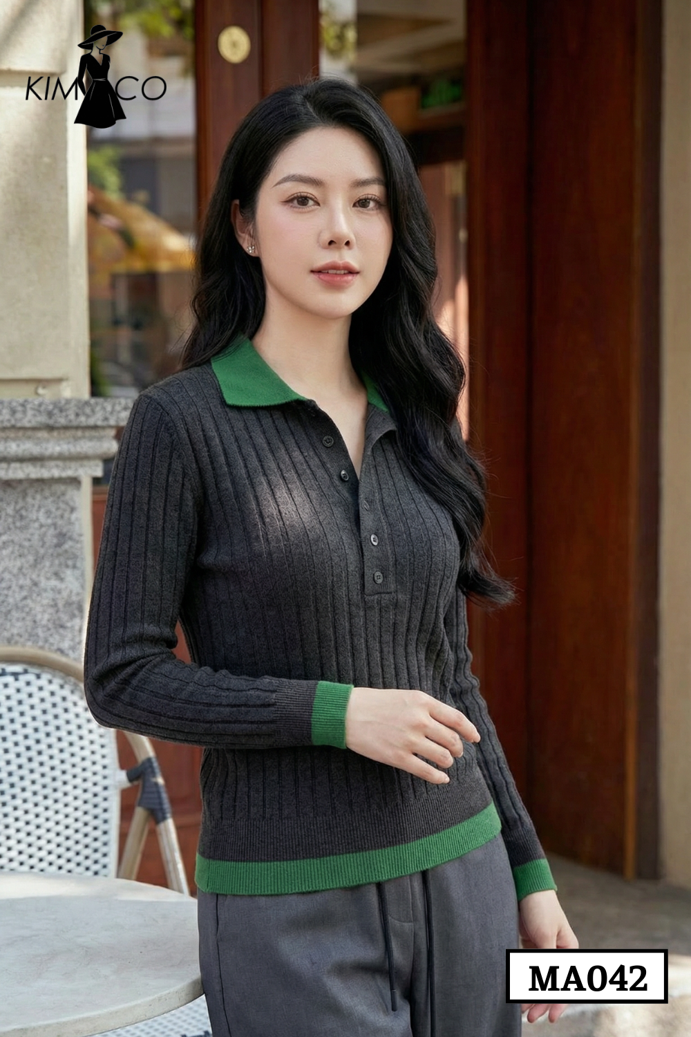 Áo Len Polo Dệt Gân Phối Viền Xanh - MA042