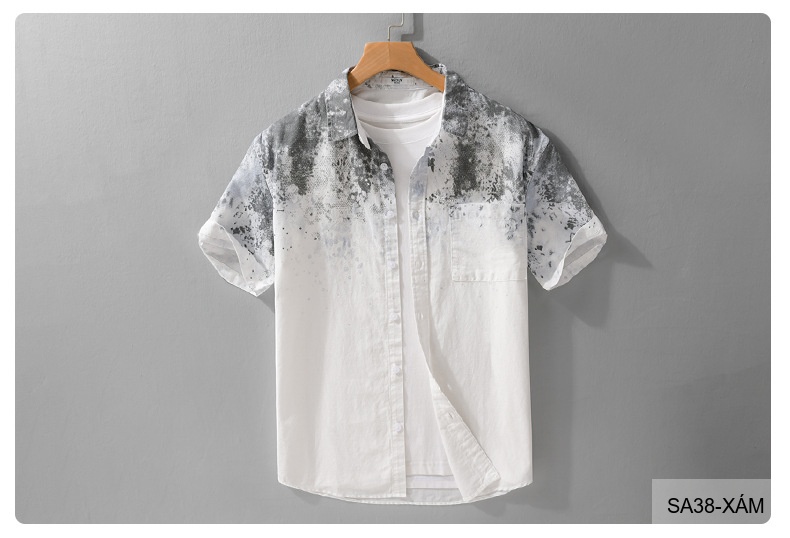 SA38 - Áo sơ mi nam tay ngắn họa tiết loang màu xanh lá và xám, phong cách trẻ trung mùa hè_thumbnail_19