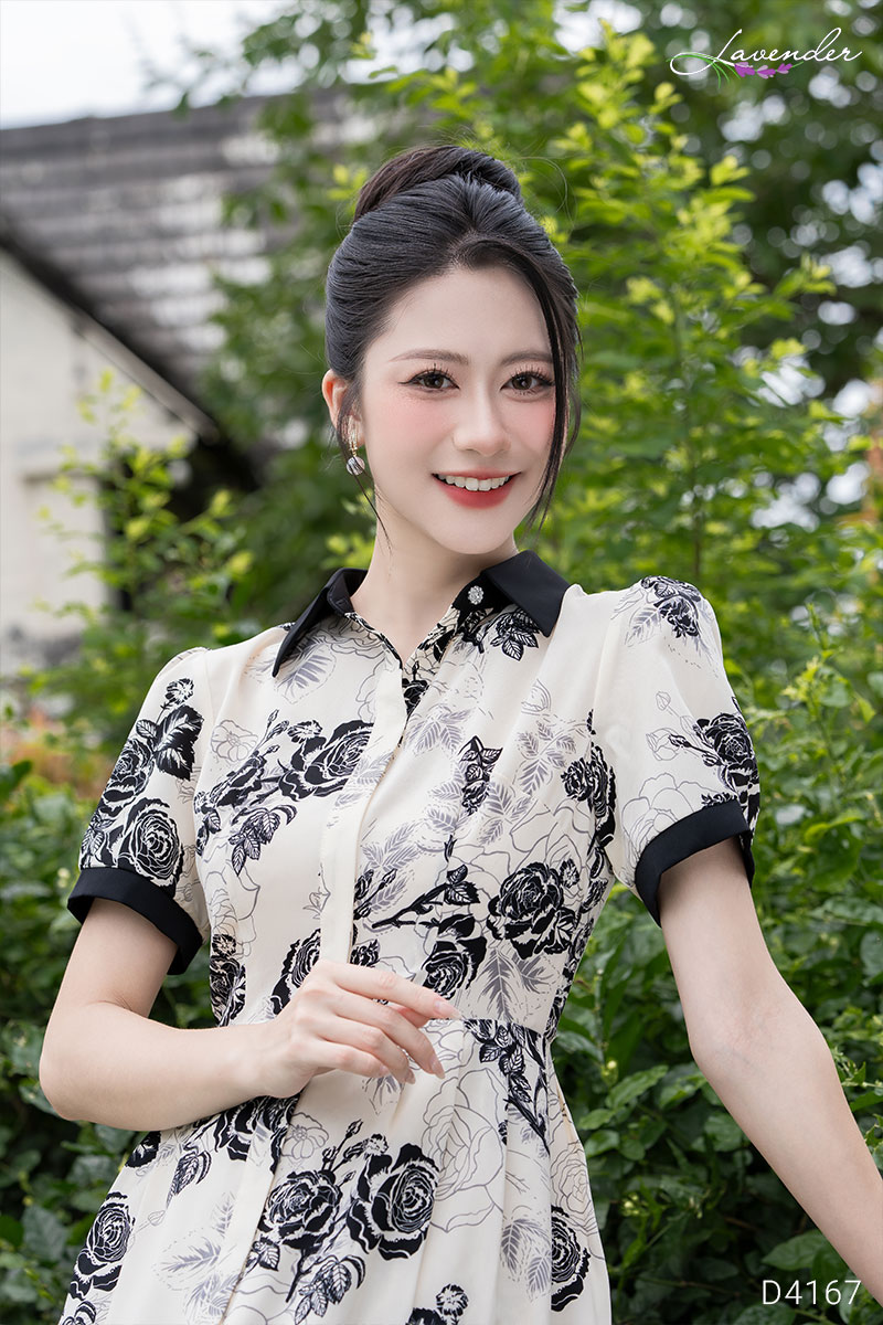 Đầm hoa cổ đức nẹp tay ngắn  D4167