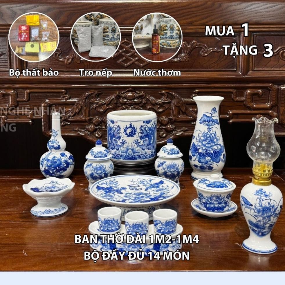 HG030 Đồ Thờ Cúng Bộ 14 món ban thờ 1M2 - 1M4 Men trắng nghệ nhân Bát Tràng chế tác TẶNG Thất Bảo, Tro Nếp
