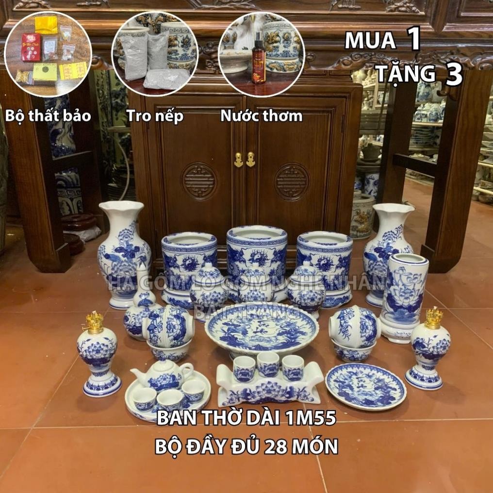 HG353 Đồ Thờ Cúng Bộ 28 món ban thờ 1M55 men lam nghệ nhân Bát Tràng chế tác TẶNG Thất Bảo, Tro Nếp