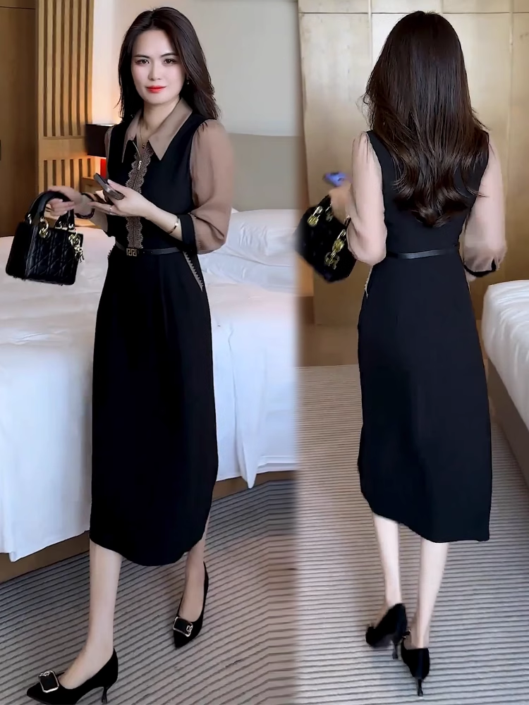 16841-Đầm suông A đen phối tay voan lở  cổ bẻ viền ren (lụa mango, voan) kèm nịt vải_thumbnail_2