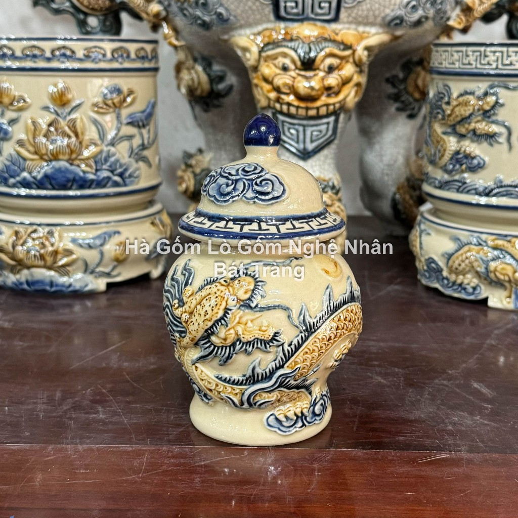 Đồ Thờ Cúng Choé Thờ Cúng Men Hoàng Thổ - Chum Thờ Cúng  Rồng Hoa Sen - Nghệ Nhân Chế Tác