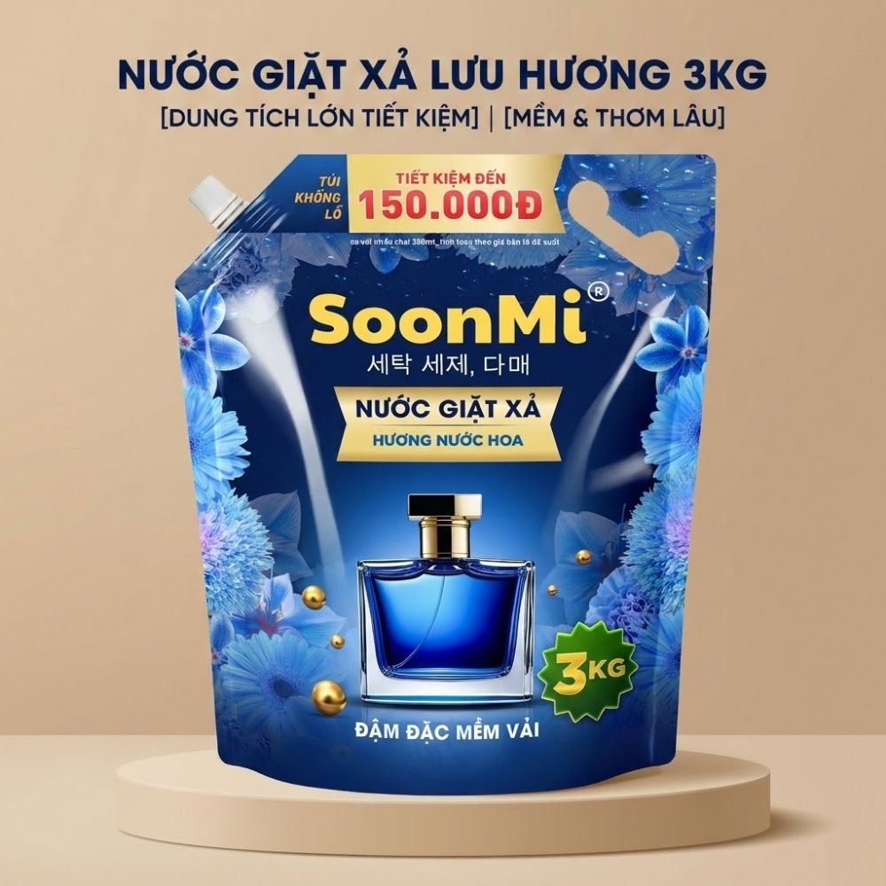 Nước Giặt Xả 2 Trong 1 Soonmi 3kg Đậm Đặc - Công Nghệ Hạt Lưu Hương Ngọc Trai Lên Tới 3 Tuần