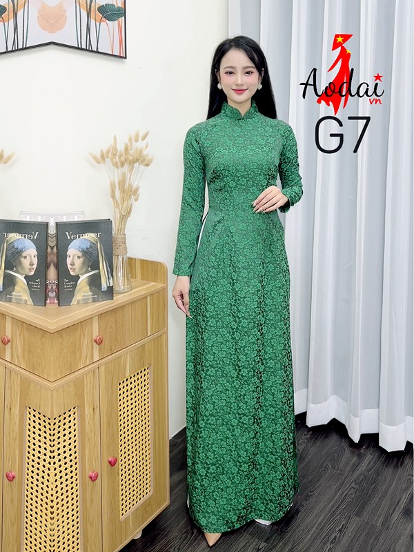 Áo dài Gấm G7 màu xanh rêu cổ cao 3cm tay dài