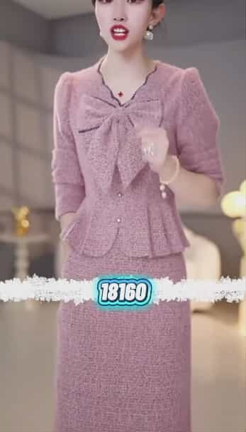 18160-Đầm liền dáng peplum tay  dài cổ thắt nơ  (  thun lông thỏ)