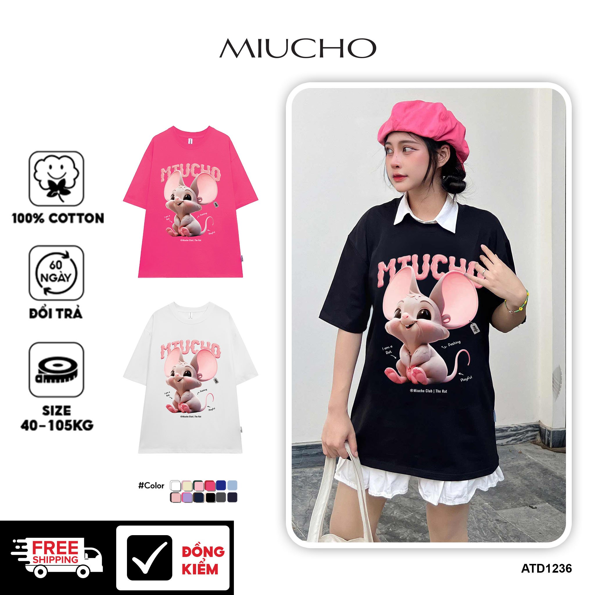 Áo thun form rộng 12 con giáp tuổi Tí ATD1236 Miucho tay ngắn cổ tròn in mix