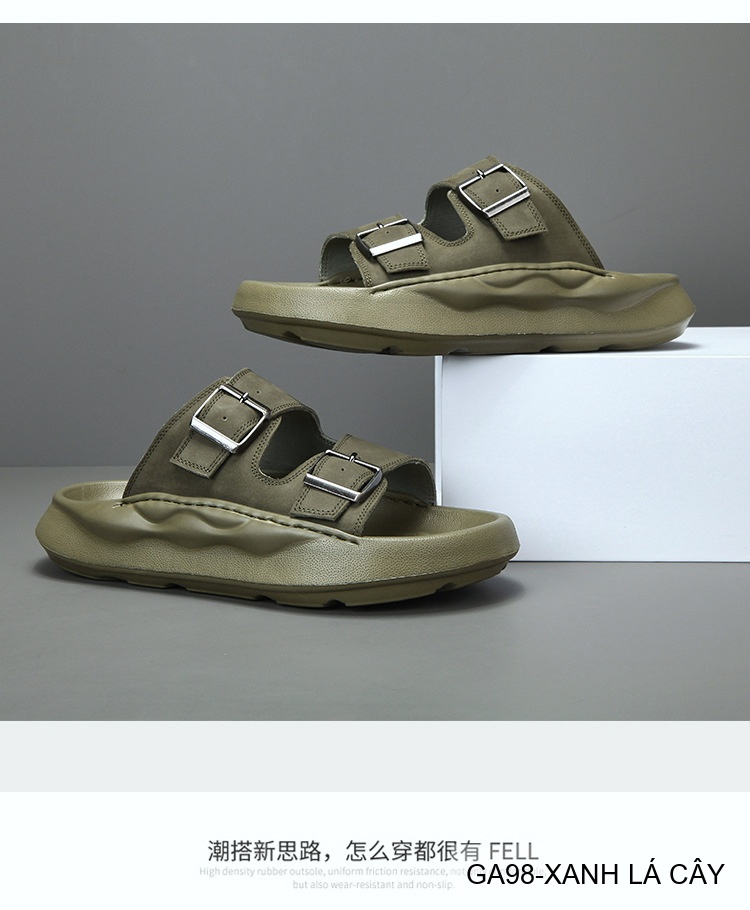 GA98 - Dép xỏ ngón nam đế dày thời trang, da bò mềm, hai quai khóa kim loại, màu Xanh Lá Cây và Đen_thumbnail_9