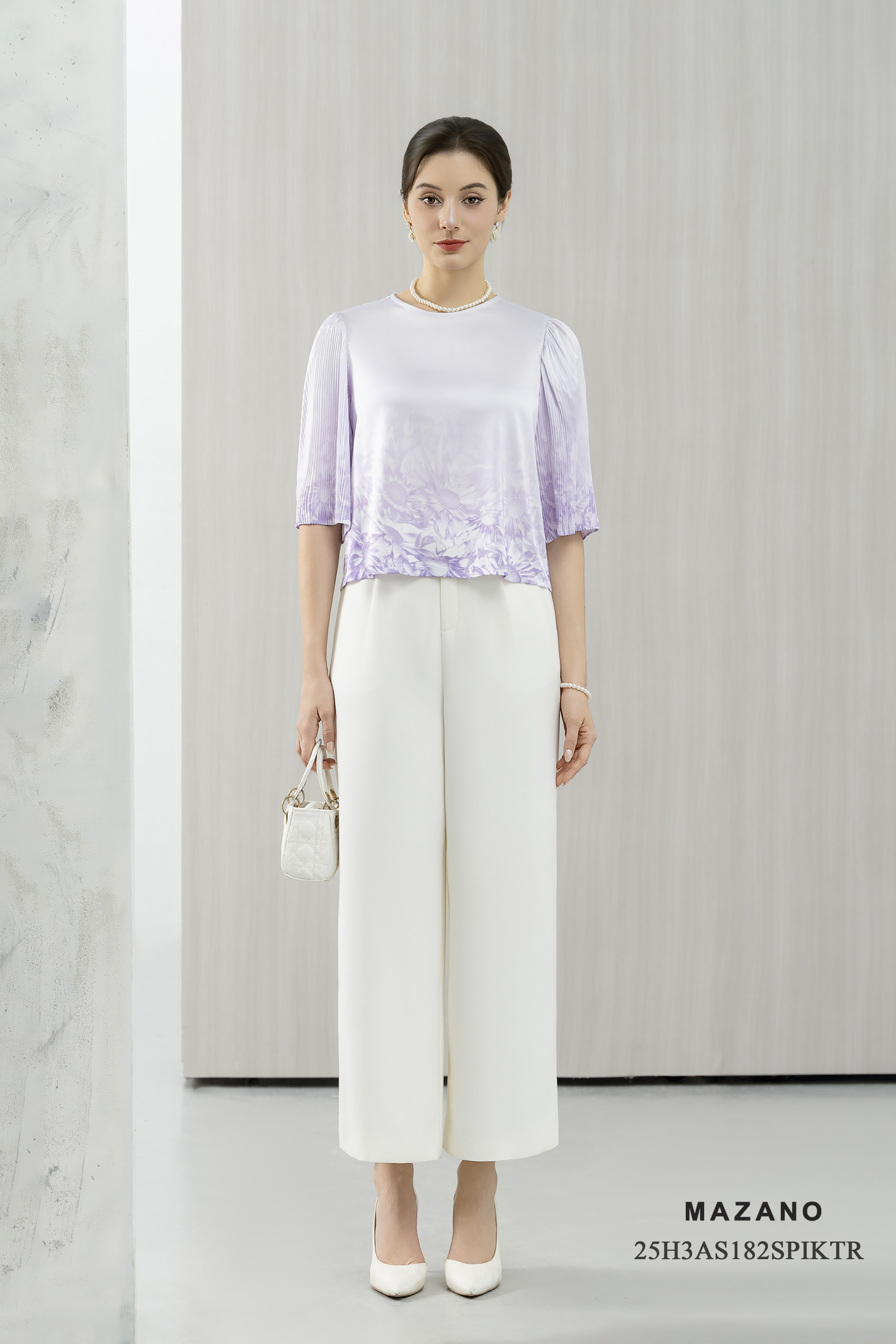 Áo top suông Họa tiết hoa cúc tím Cổ tròn Tay lỡ dập ly tăm Dài dưới eo_thumbnail_2