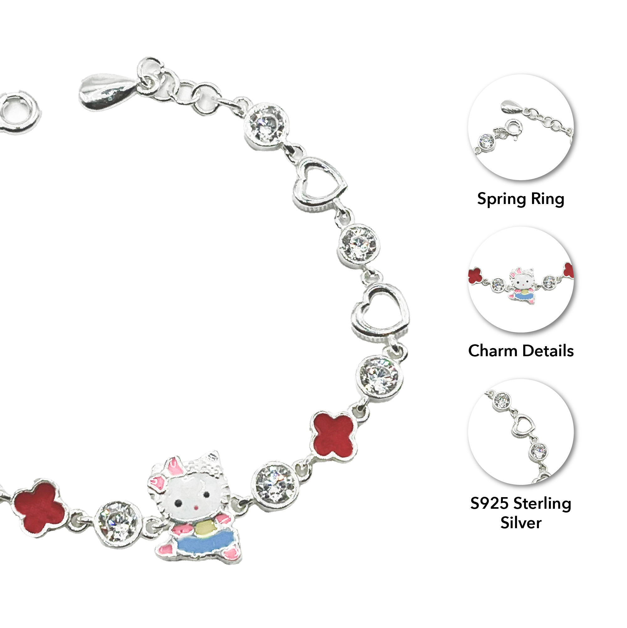 Vòng tay bạc 925 charm Hello Kitty váy xanh hoa đỏ