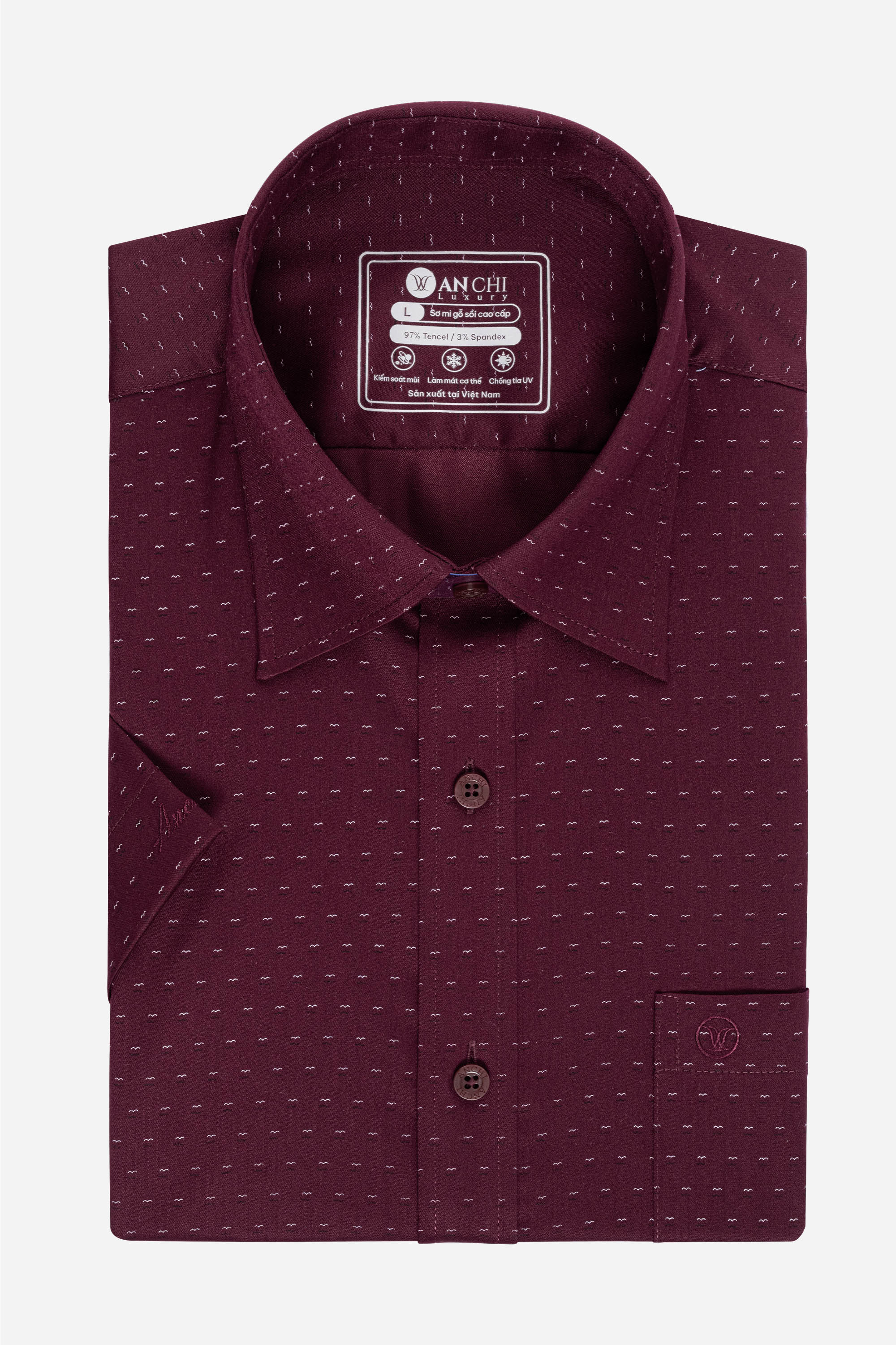 Sơ Mi Cộc Tay Họa Tiết Nam Trung Niên ANCHI Chất Liệu Sợi Sồi Cao Cấp Phom Suông Vạt Ngang Màu Đỏ Đô
