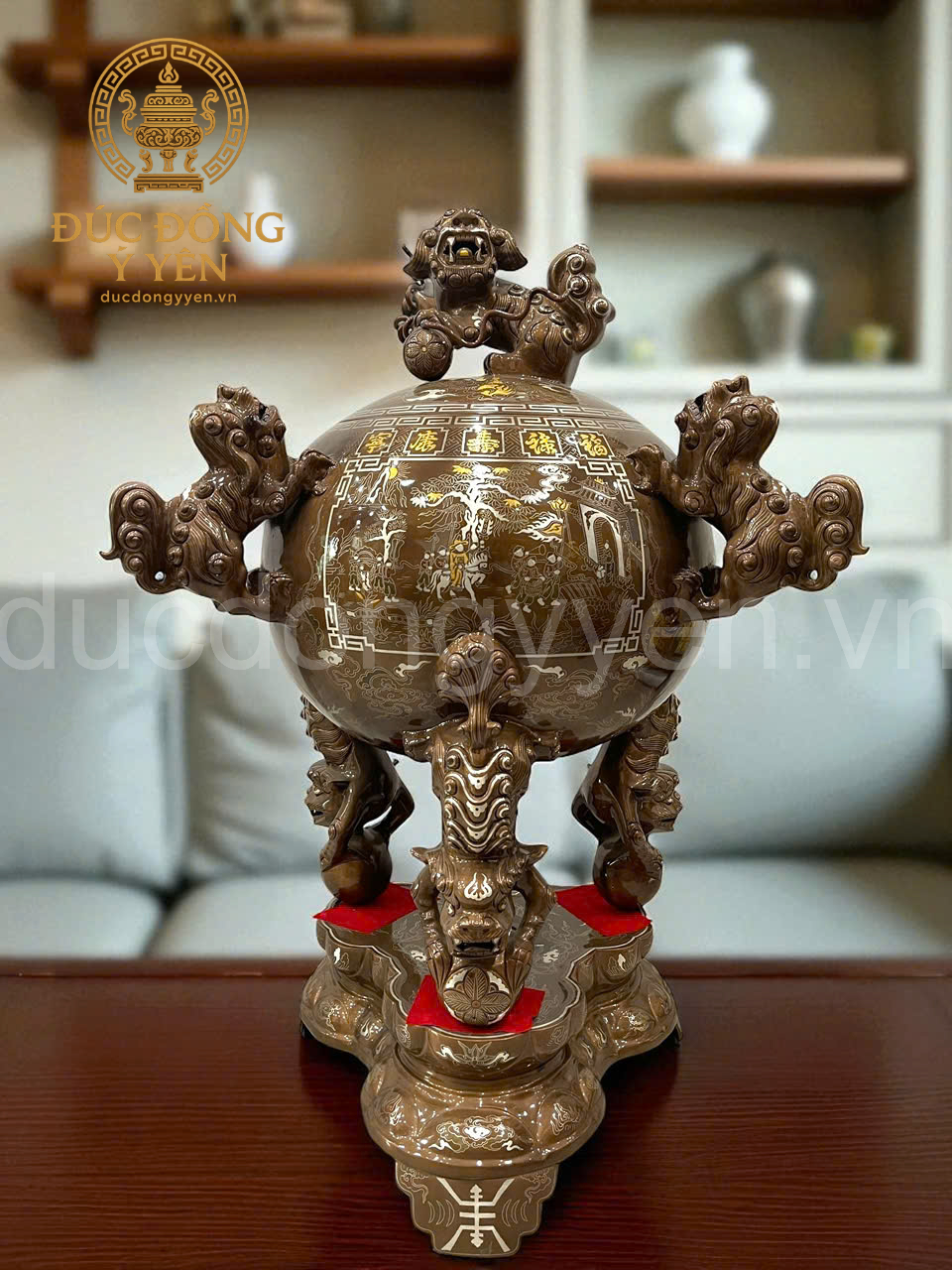 Đỉnh thất lân vờn cầu đúc đồng đỏ khảm ngũ sắc kỹ cao 1m2 