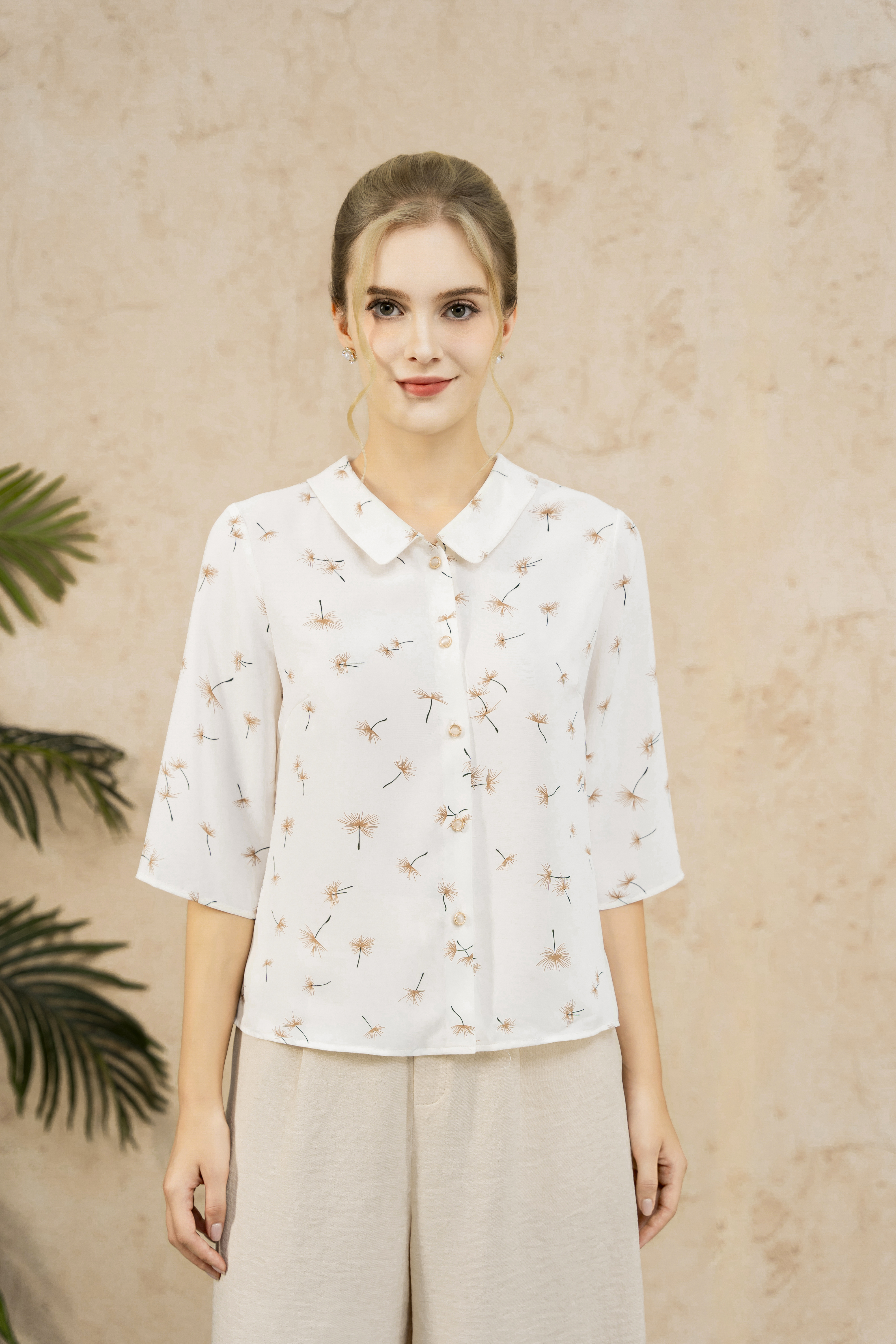 Áo sơ mi cài khuy Suông Vải voan in họa tiết cách điệu Cổ bẻ cài khuy Tay lỡ Dài dưới eo