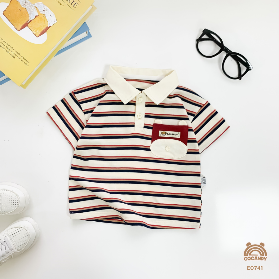 Áo cộc polo  kẻ ĐỎ BE túi gấu_thumbnail_2
