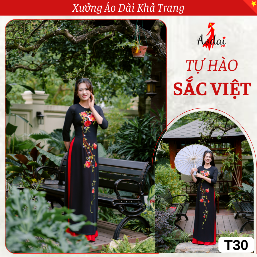 T30 Áo Dài Thêu Hoa đỏ Cánh Tròn thiết kế cổ Tròn Tay Lỡ
