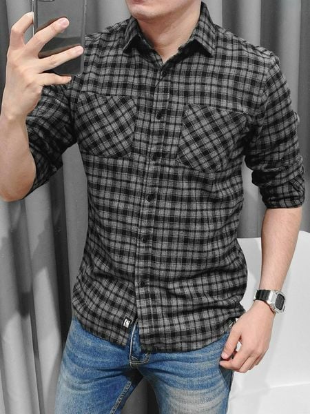 Áo Sơ Mi Super Brother FLANNEL Cotton Cá Sấu Logo Thêu Màu Đen_thumbnail_4