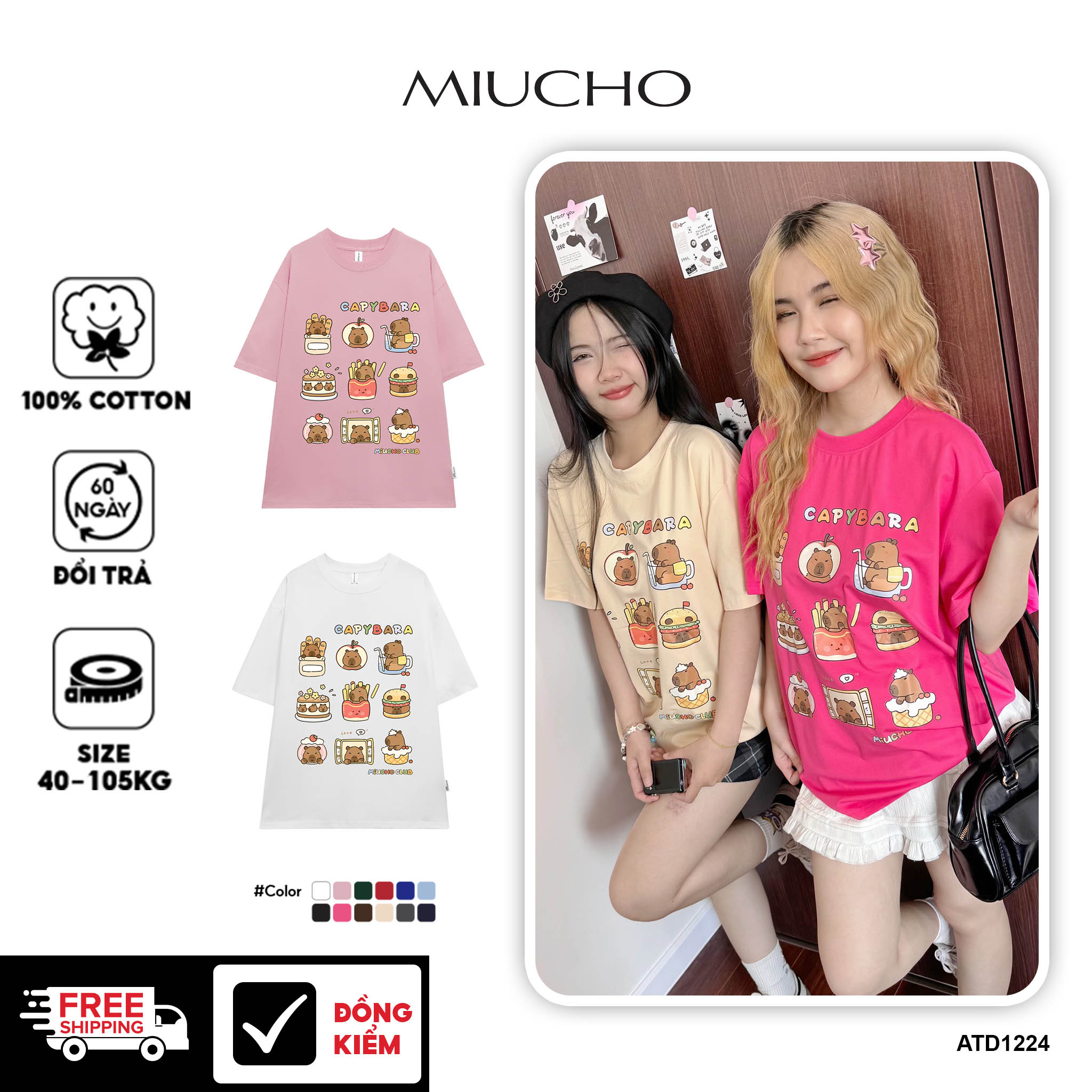 Áo thun chuột Capybara form rộng local brand ATD1224 Miucho tay ngắn vải cotton thoáng mát cổ tòn in mix_thumbnail_1