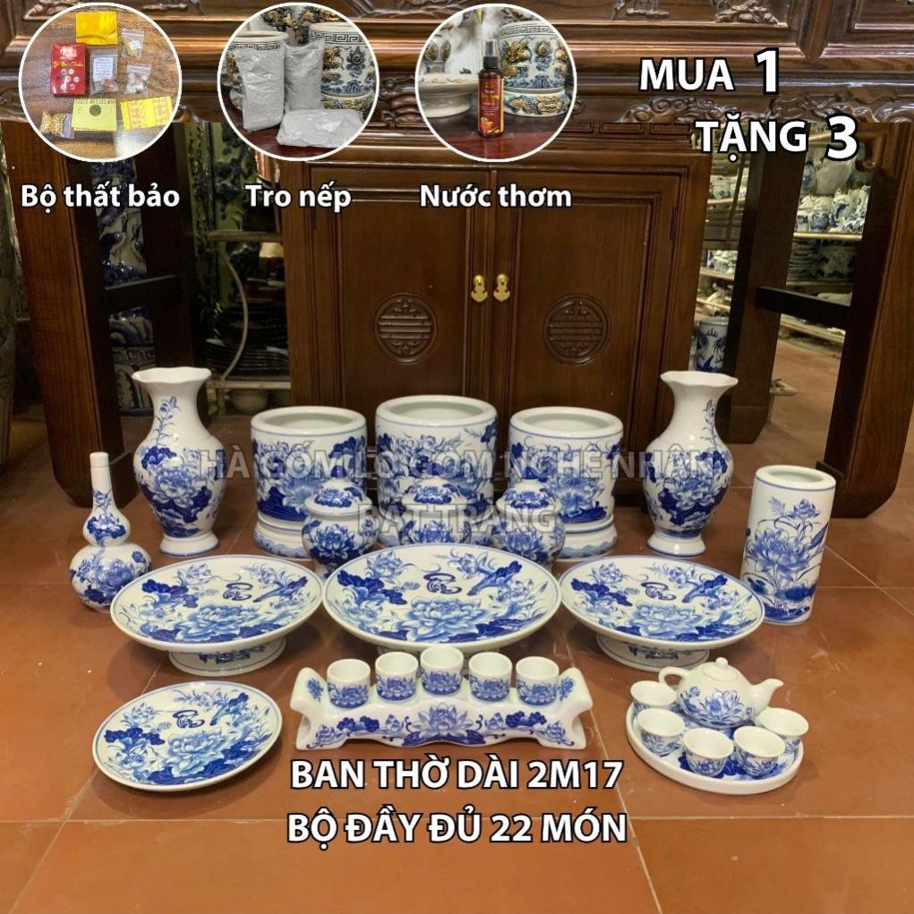 HG260 Đồ Thờ Cúng Bộ 22 món ban thờ 2M17 men trắng nghệ nhân Bát Tràng chế tác TẶNG Thất Bảo, Tro Nếp