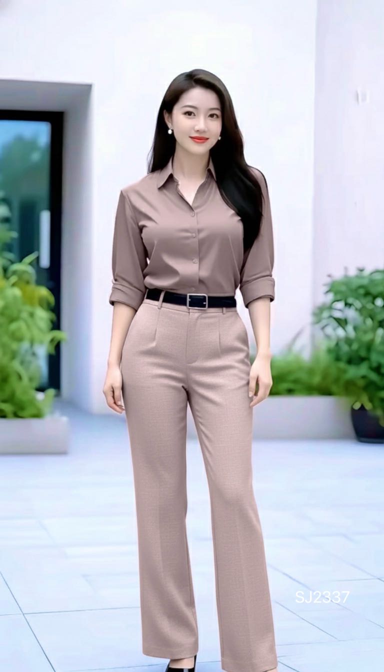 Set bộ quần dài áo sơ mi phong cách Basic