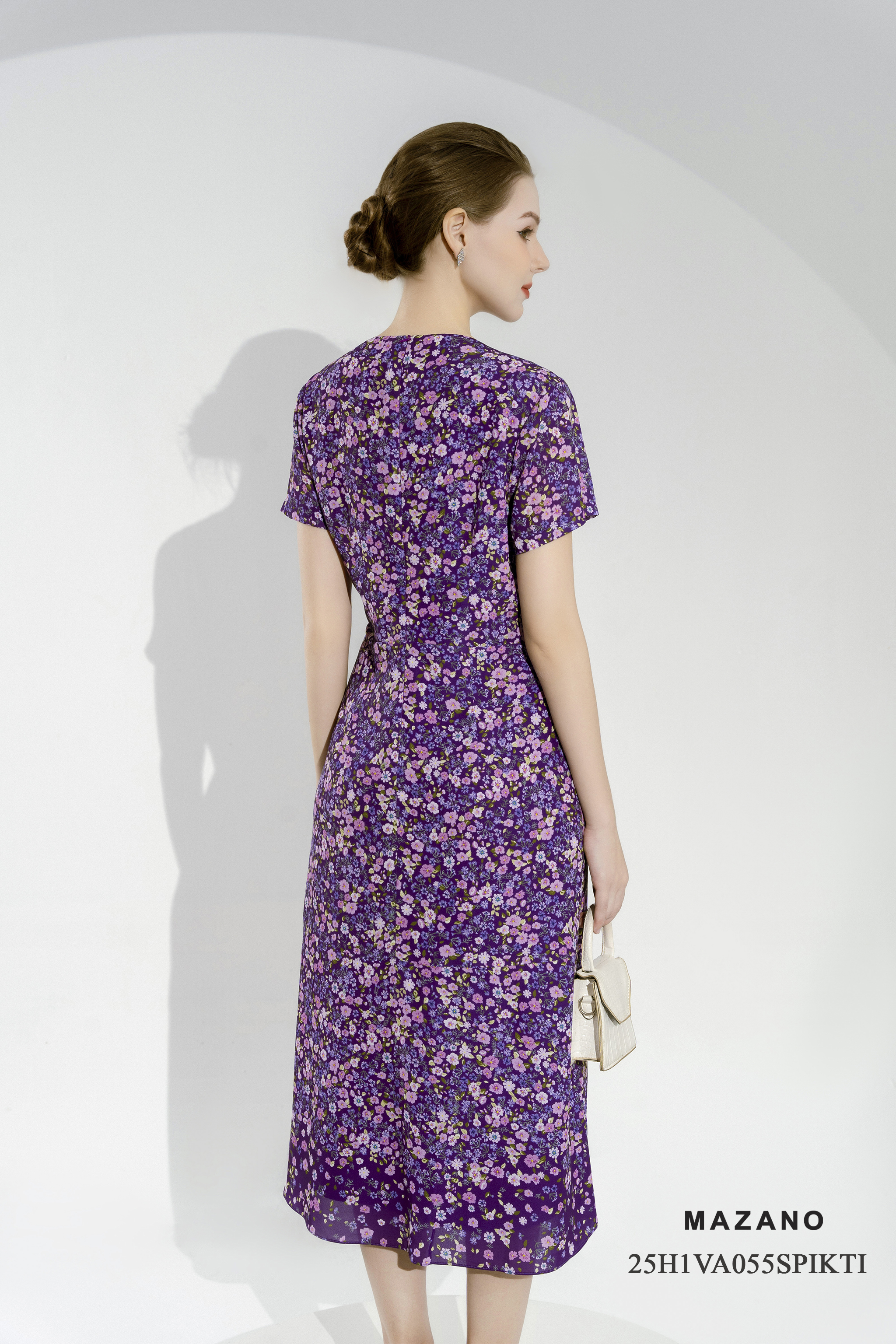 Váy Đầm Ôm Vải voan dày Hoạ tiết hoa nhí Cổ V Tay ngắn Dài ngang bắp chân_thumbnail_2