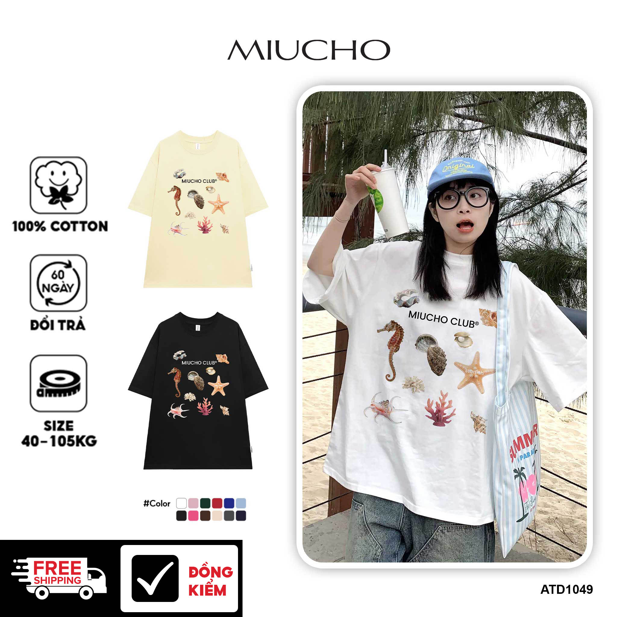 Áo thun form rộng mùa hè unisex ATD1049 Miucho cotton tay lỡ cổ tròn in mix