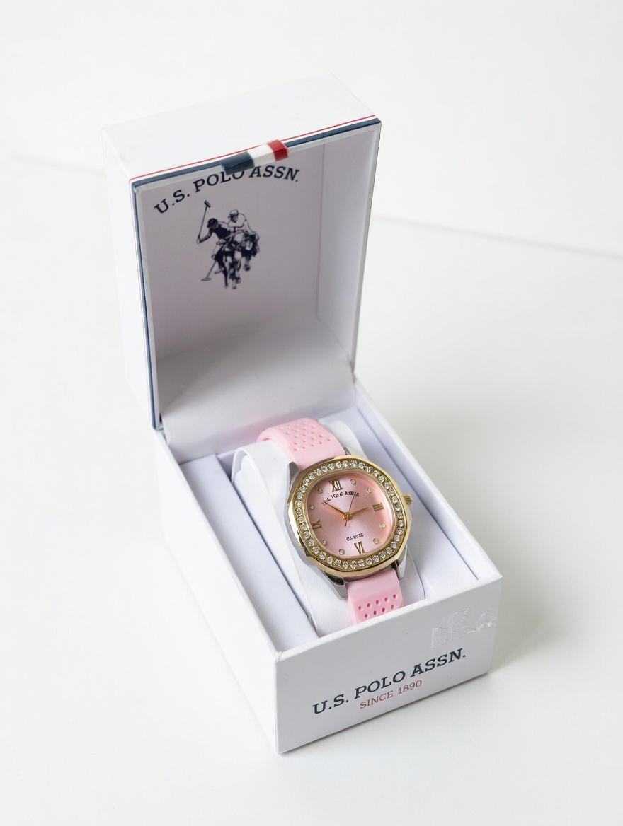 Đồng Hồ Nữ U.S. Polo Assn Dây Silicon Hồng – Mặt Tròn Đính Đá