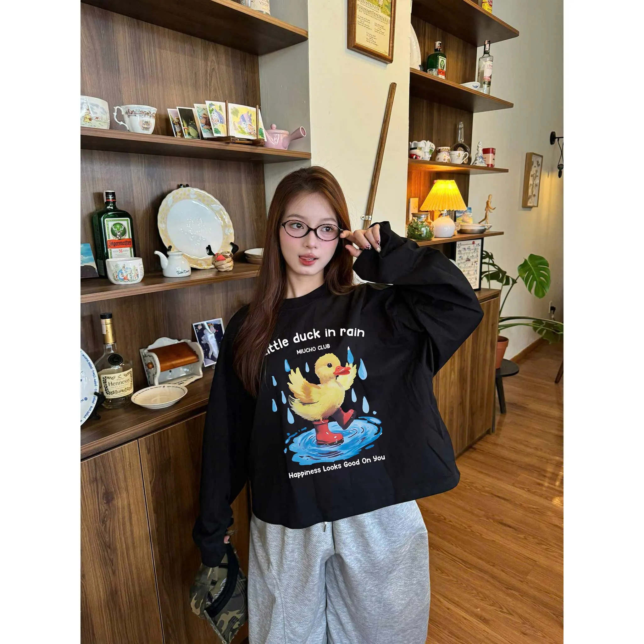 Áo thun boxy tay dài Miucho cotton co giãn 2 chiều thoáng mát cổ tròn hình Duck in mix 2655_thumbnail_5