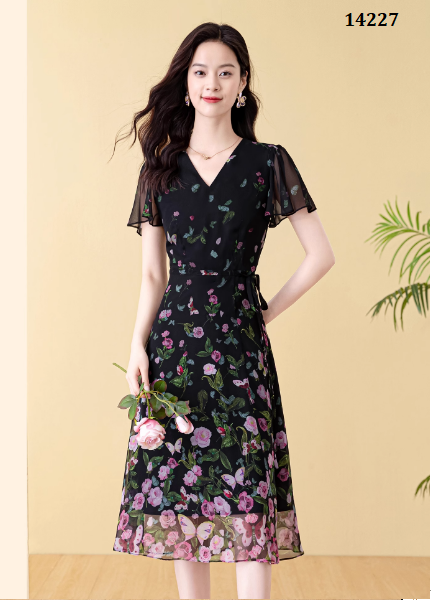 14227-Đầm voan tay tiên cổ V in họa tiết hoa hồng (voan,lót)_thumbnail_0