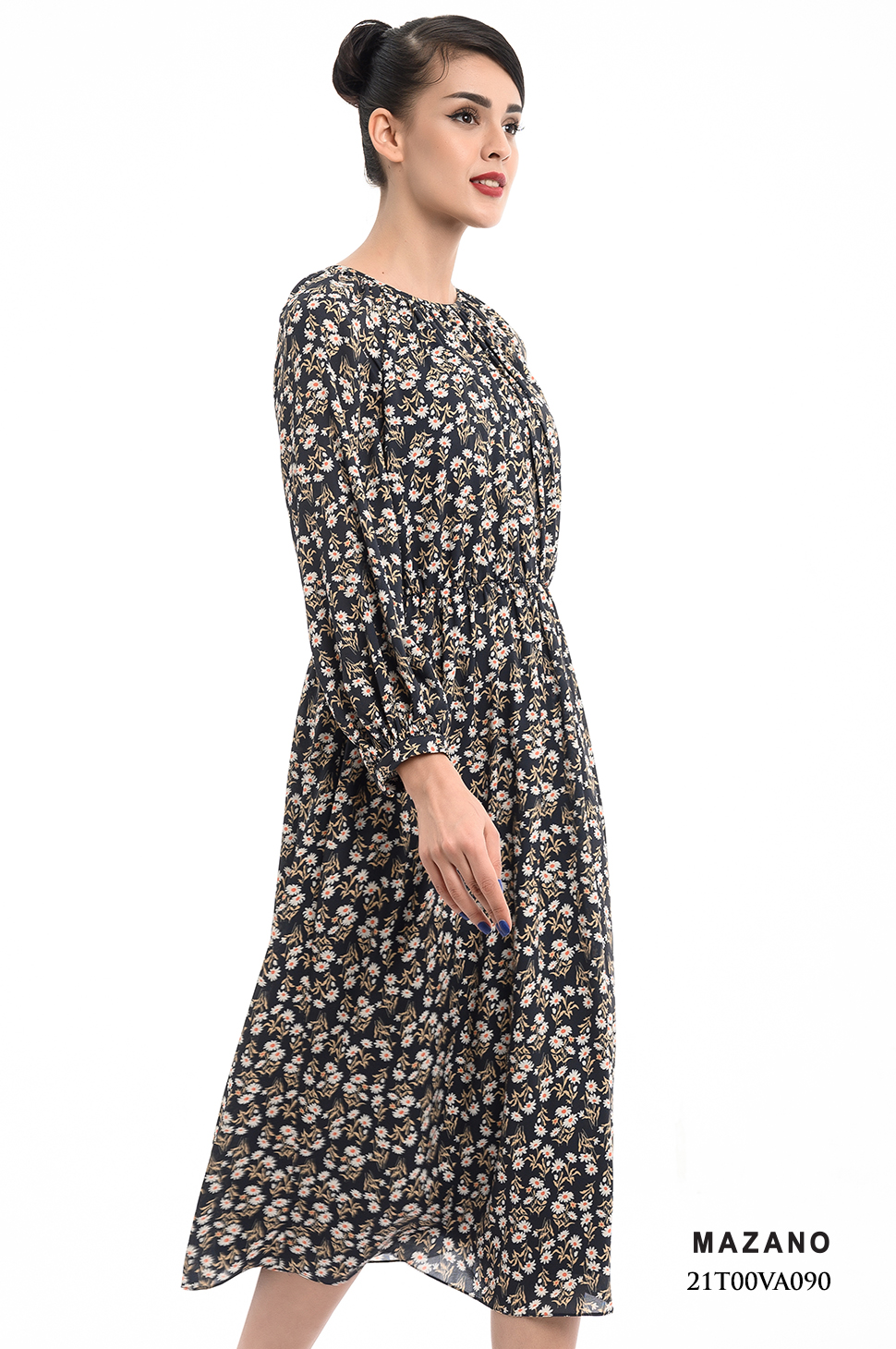 Đầm họa tiết nhún eo tay dài_thumbnail_2